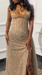 Glitter Bodycon Champagne Classy Evening Classy Prom Dress, Sexy Beaded Split Party Classy Gown