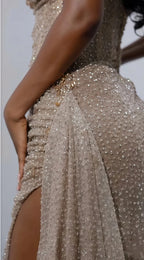 Glitter Bodycon Champagne Classy Evening Classy Prom Dress, Sexy Beaded Split Party Classy Gown
