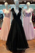 Glitter Feathers V-Neck Empire Waist A-Line Evening Prom Gown,Evening Party Dress