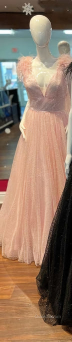 Glitter Feathers V-Neck Empire Waist A-Line Evening Prom Gown,Evening Party Dress