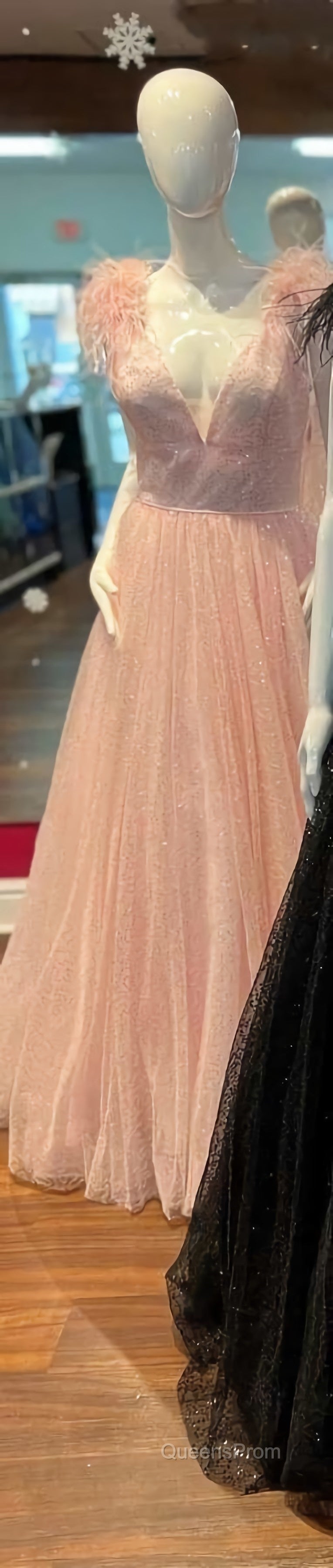Glitter Feathers V-Neck Empire Waist A-Line Evening Prom Gown,Evening Party Dress