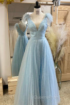 Glitter Feathers V-Neck Empire Waist A-Line Evening Prom Gown,Evening Party Dress