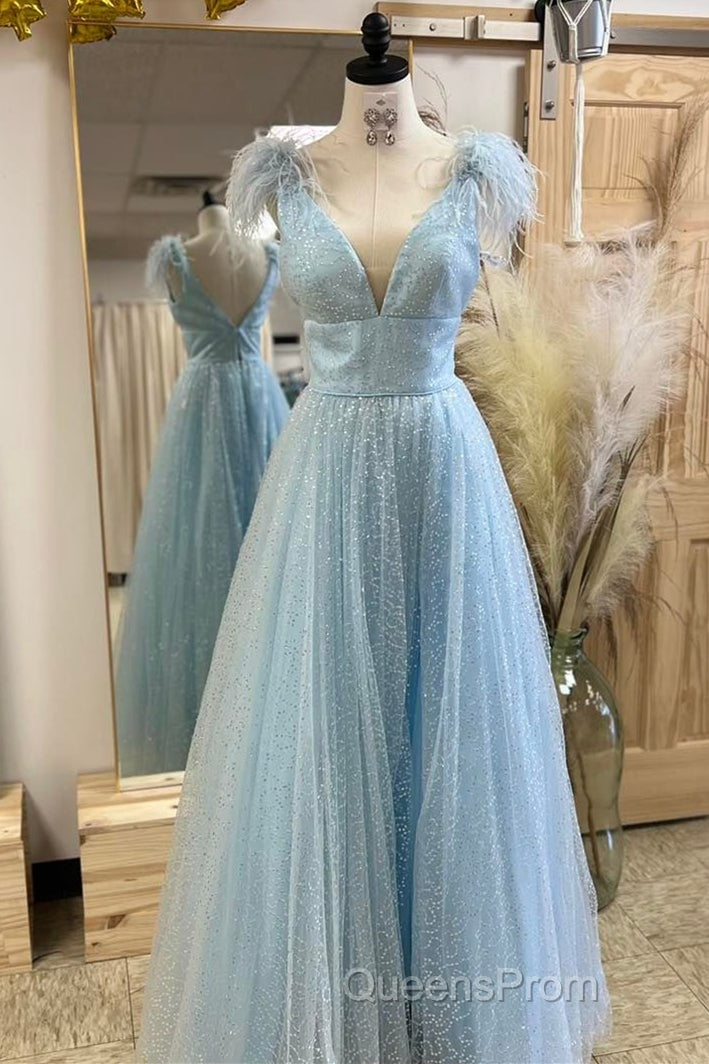 Glitter Feathers V-Neck Empire Waist A-Line Evening Prom Gown,Evening Party Dress