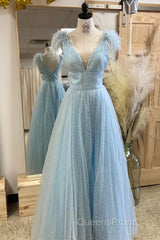 Glitter Feathers V-Neck Empire Waist A-Line Evening Prom Gown,Evening Party Dress