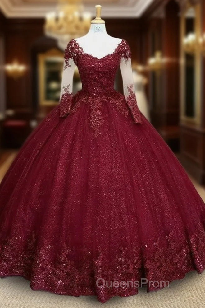 Glitter Long Sleeve Princess Burgundy Quinceanera Dress Main image