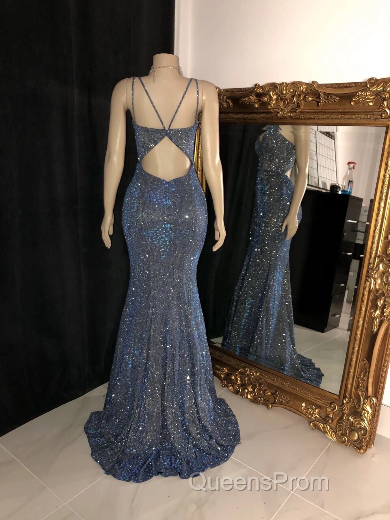 Glitter Mermaid Evening Prom Dress Long Spaghetti Straps V Neck Open Back Formal Evening Party Gowns Secondary image