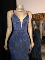 Glitter Mermaid Classy Prom Dress Long Spaghetti Straps V Neck Open Back Classy Evening Party Gowns