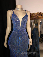Glitter Mermaid Evening Prom Dress Long Spaghetti Straps V Neck Open Back Formal Evening Party Gowns
