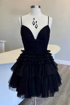 Glitter Navy Tiered Spaghetti Straps Short Homecoming Dress