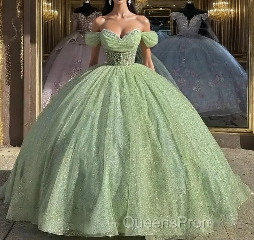 Glitter Off The Shoulder Beading Tulle Long Quinceanera Dress Main image