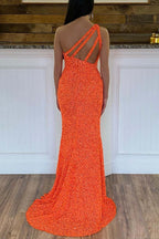 Glitter One Shoulder Hot Pink Sequins Mermaid Classy Prom Dress With Slit