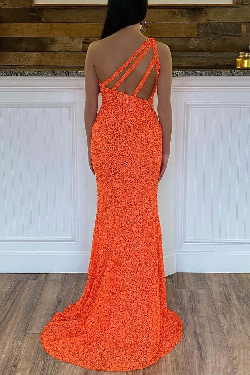 Glitter One Shoulder Hot Pink Sequins Mermaid Classy Prom Dress With Slit
