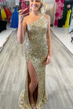 Glitter One Shoulder Hot Pink Sequins Mermaid Classy Prom Dress With Slit