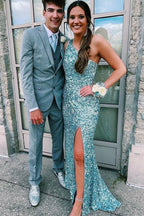 Glitter One Shoulder Hot Pink Sequins Mermaid Classy Prom Dress With Slit