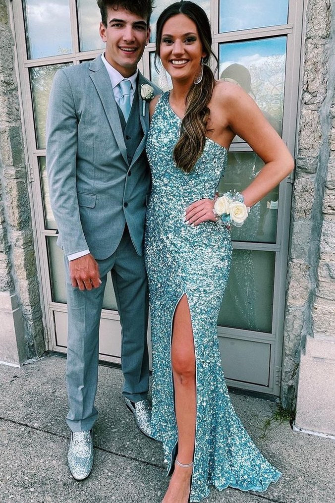 Glitter One Shoulder Hot Pink Sequins Mermaid Classy Prom Dress With Slit