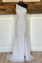 Glitter One Shoulder Hot Pink Sequins Mermaid Classy Prom Dress With Slit