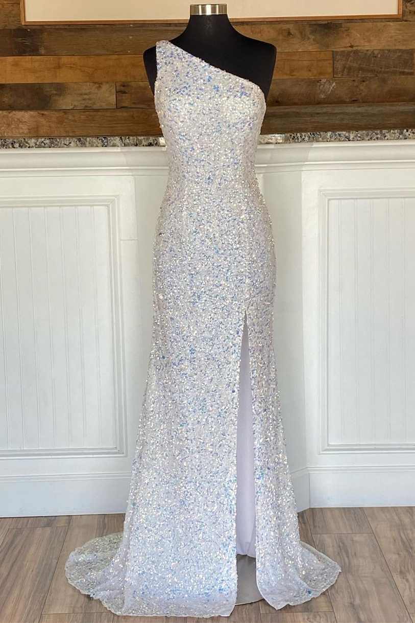 Glitter One Shoulder Hot Pink Sequins Mermaid Classy Prom Dress With Slit