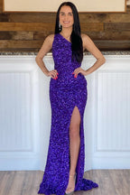 Glitter One Shoulder Hot Pink Sequins Mermaid Classy Prom Dress With Slit