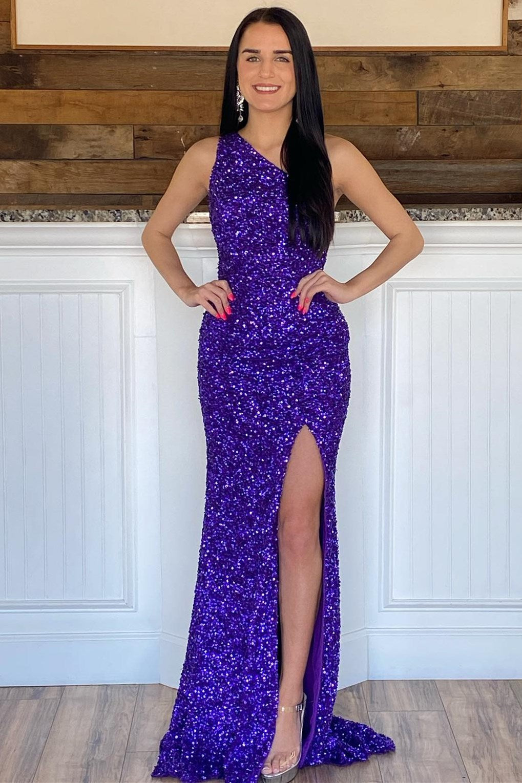 Glitter One Shoulder Hot Pink Sequins Mermaid Classy Prom Dress With Slit
