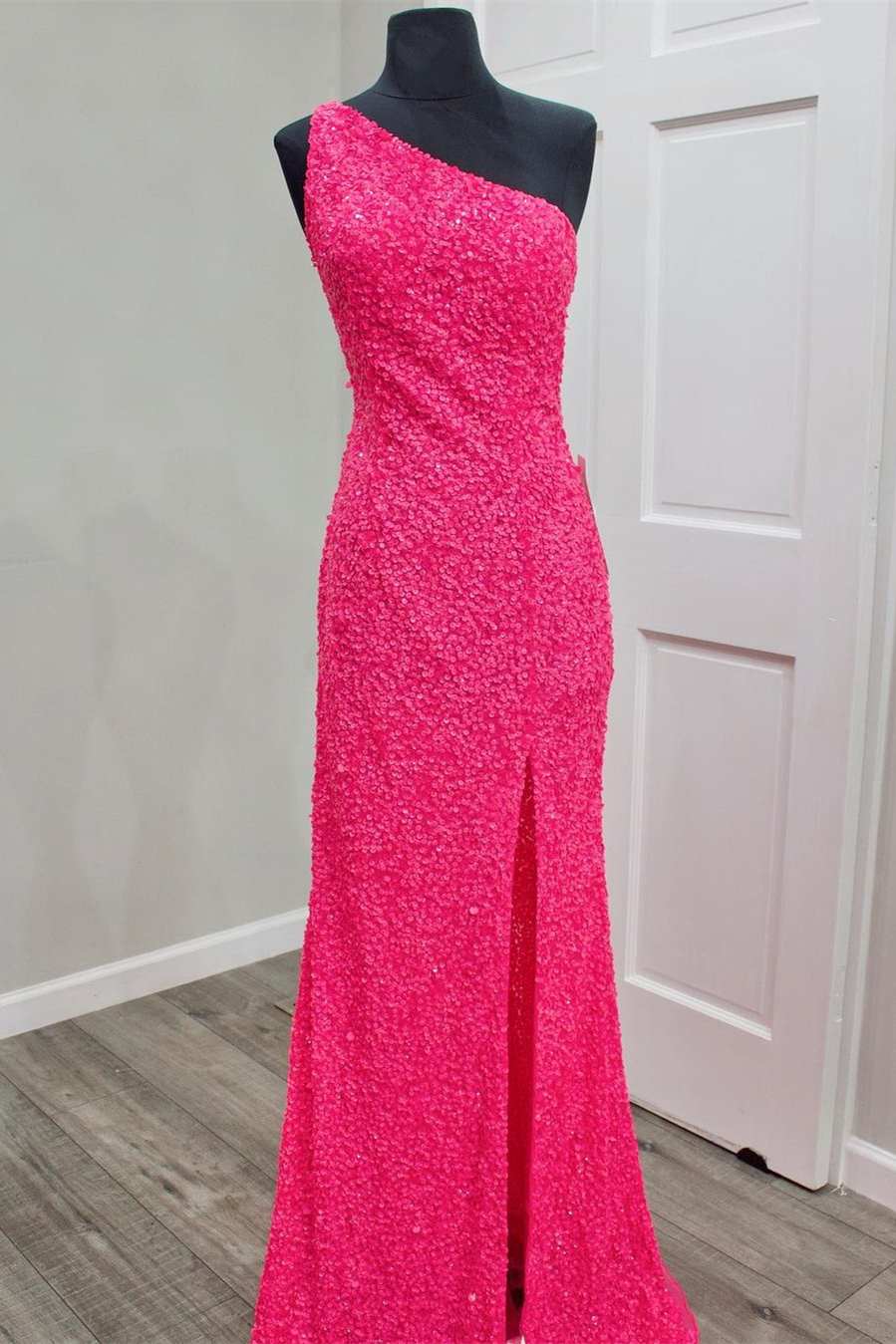 Glitter One Shoulder Hot Pink Sequins Mermaid Classy Prom Dress With Slit Main image