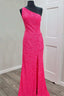 Glitter One Shoulder Hot Pink Sequins Mermaid Classy Prom Dress With Slit