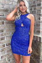 Glitter Orange Halter Backless Sequins Tight Homecoming Dress