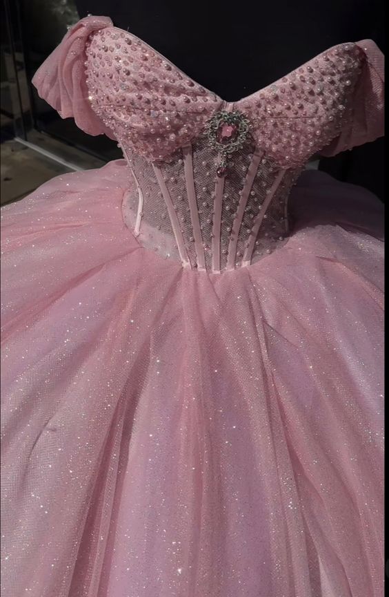Glitter Pearls Pink Quinceanera Dress Ball Gowns Sweet 15 16 Birthday Dress