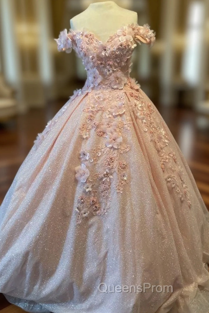 Glitter Pink Off The Shoulder Evening Prom Dress Tulle Appliques Ball Gown Quinceanera Dress Main image
