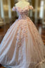 Glitter Pink Off The Shoulder Evening Prom Dress Tulle Appliques Ball Gown Quinceanera Dress