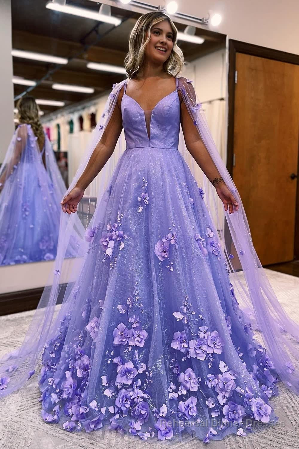 Glitter Purple A-Line Long Prom Dress with 3D Flowers Main image