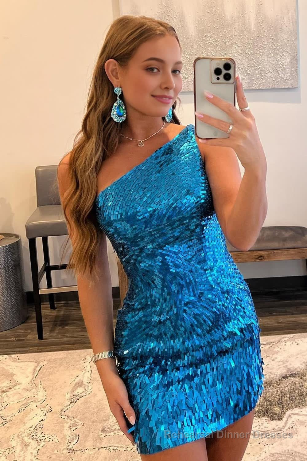 Glitter Royal Blue One Shoulder Sequins Tight Hoco Dress Main image