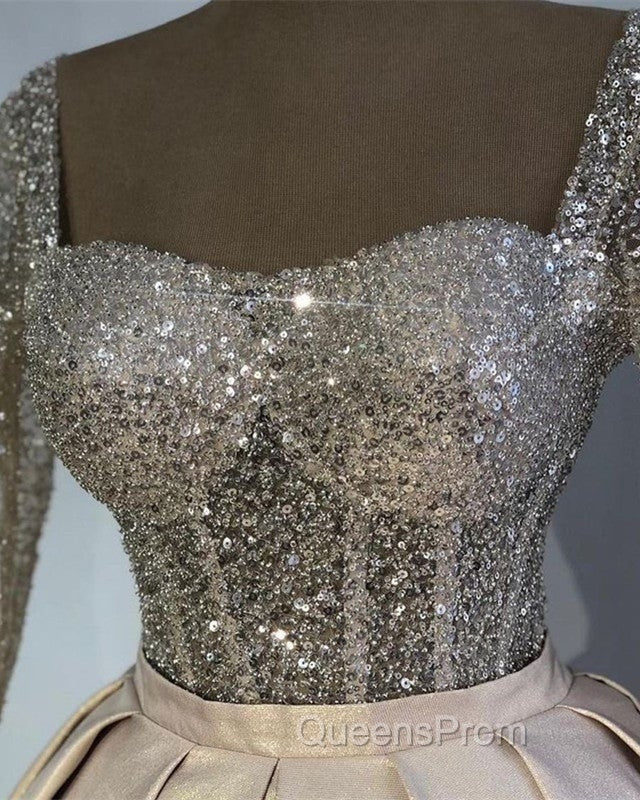 Glitter Sequins Long Sleeves Evening Prom Ball Gown Satin Dress