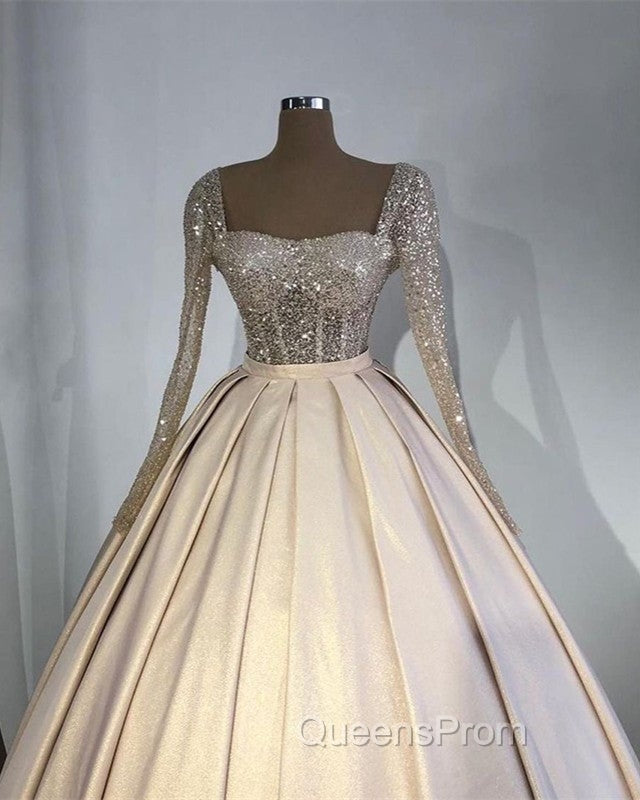 Glitter Sequins Long Sleeves Evening Prom Ball Gown Satin Dress
