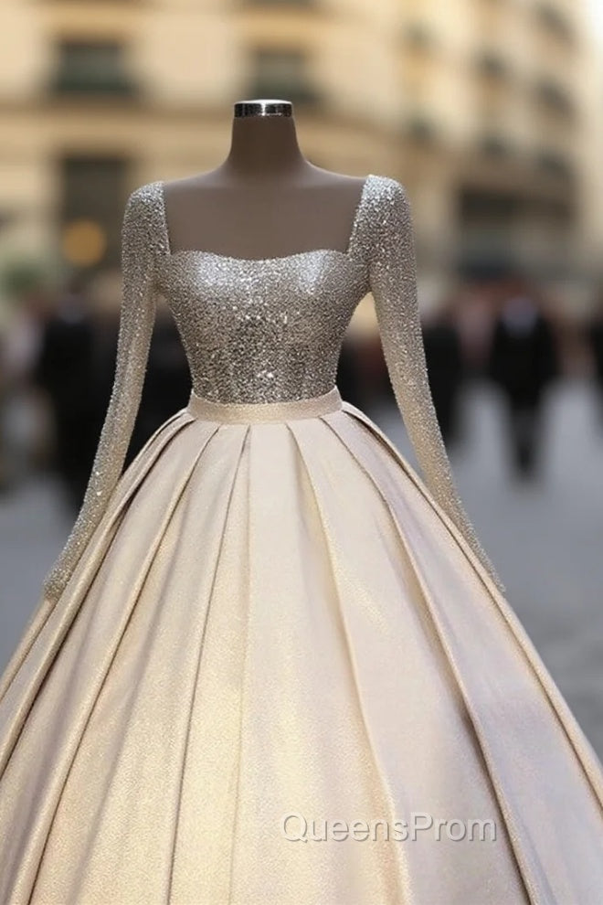 Glitter Sequins Long Sleeves Evening Prom Ball Gown Satin Dress Main image