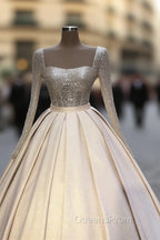 Glitter Sequins Long Sleeves Evening Prom Ball Gown Satin Dress