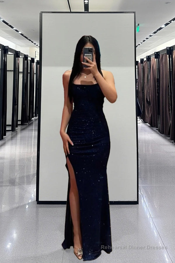 Glitter Sheath/Column Navy Blue Prom Dress with Split Secondary image