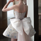 Glitter Strapless Tulle Beaded Mini Birthday Dress Pink Homecoming Dress With Bow