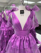 Glitter Tie Straps Pink Plunging Neck Tiered Long Prom Dress