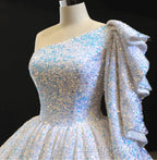 Glitter White Sequin Wedding Dress One Shoulder Ball Gown Quinceanera Dress