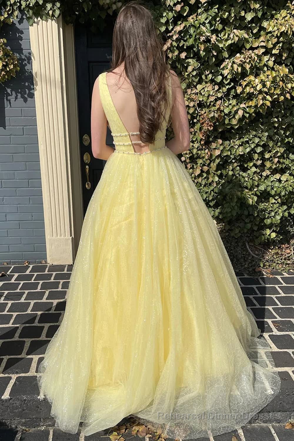 Glitter Yellow A-Line Beaded Long Tulle Prom Dress Secondary image