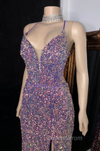 Glittering Spaghetti-Straps Sequins Evening Prom Dress Mermaid Sleeveless With Slit