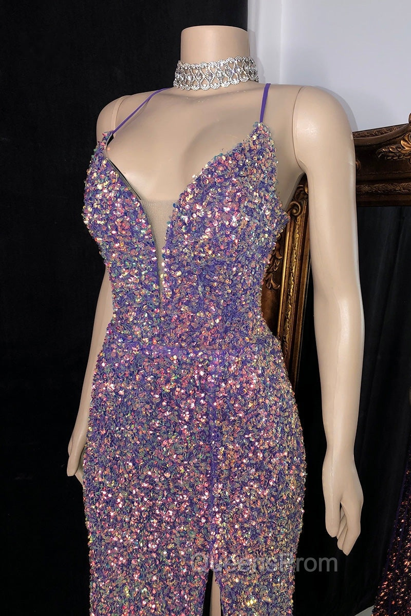 Glittering Spaghetti-Straps Sequins Evening Prom Dress Mermaid Sleeveless With Slit