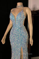 Glittering Spaghetti-Straps Sequins Evening Prom Dress Mermaid Sleeveless With Slit