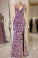 Glittering Spaghetti-Straps Sequins Evening Prom Dress Mermaid Sleeveless With Slit