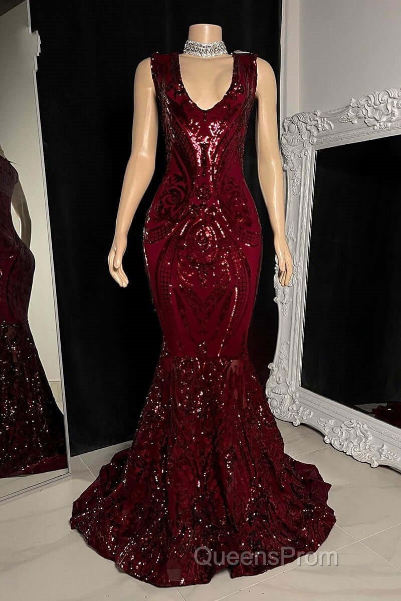 Glittery Long Red Mermaid Sleeveless Evening Prom Dress Sequin