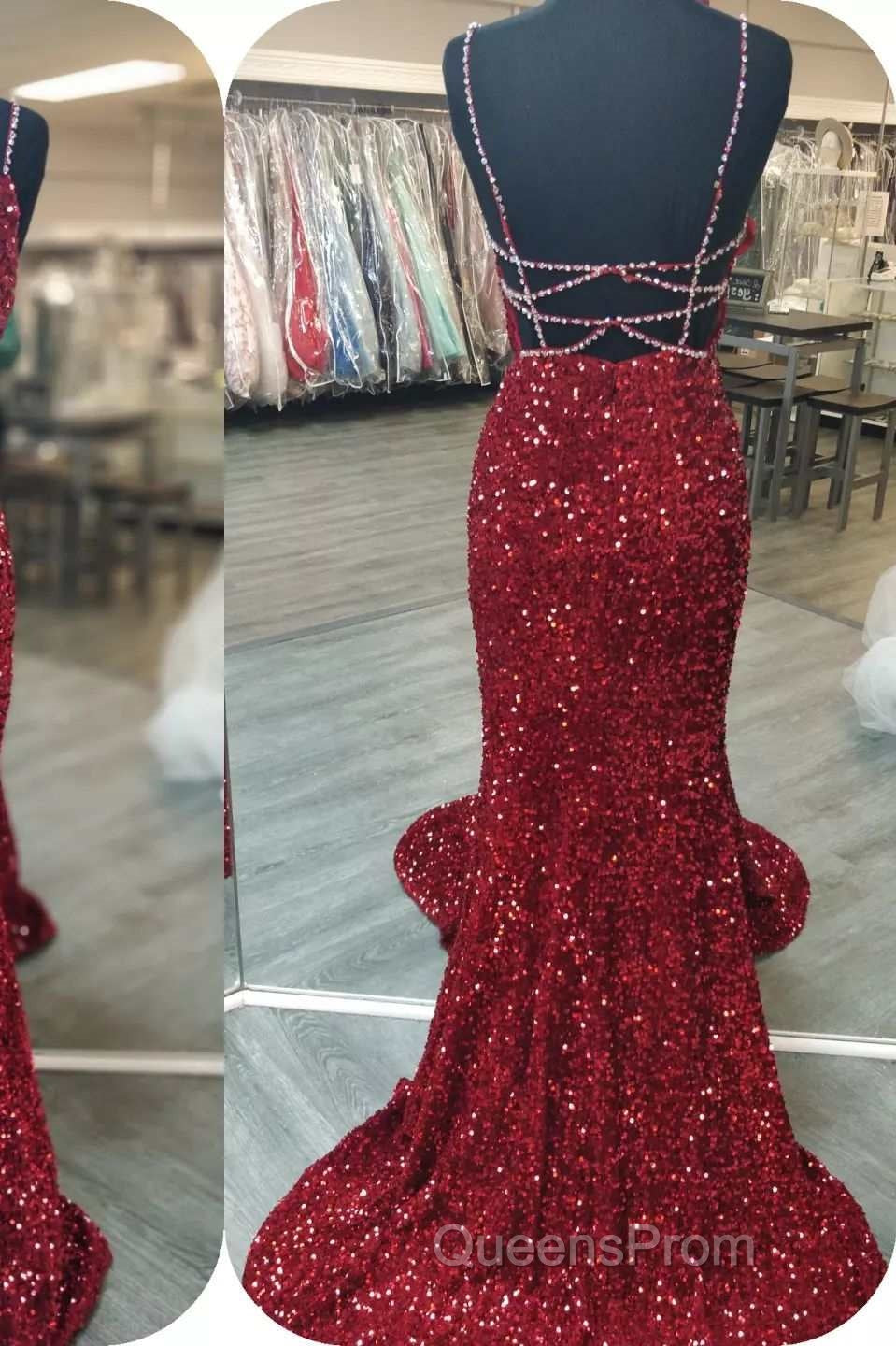 Glittery Mermaid Red Sequin V-Neck Lace-Up Back Evening Prom Dress Gala Gown