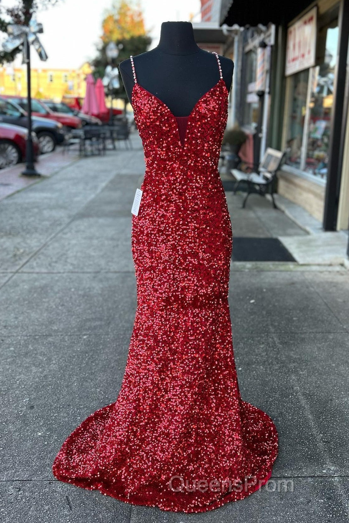 Glittery Mermaid Red Sequin V-Neck Lace-Up Back Evening Prom Dress Gala Gown