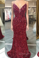 Glittery Mermaid Red Sequin V-Neck Lace-Up Back Evening Prom Dress Gala Gown
