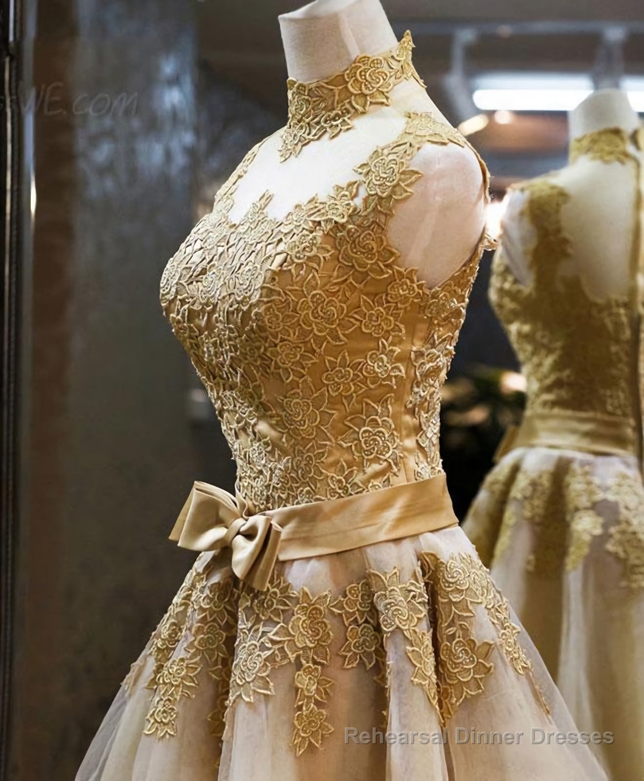Gold Lace High Neck Short Prom Dress, Homecoming Dress Secondary image