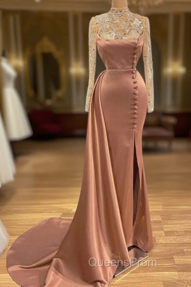 Goegeous Long Sleeves Mermaid Evening Dress Lace High-Neck With Buttons Main image